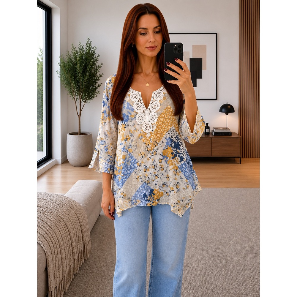 Zac & Rachel Woman 3X Floral Patchwork Crochet Trim V-Neck Blouse Blue Yellow